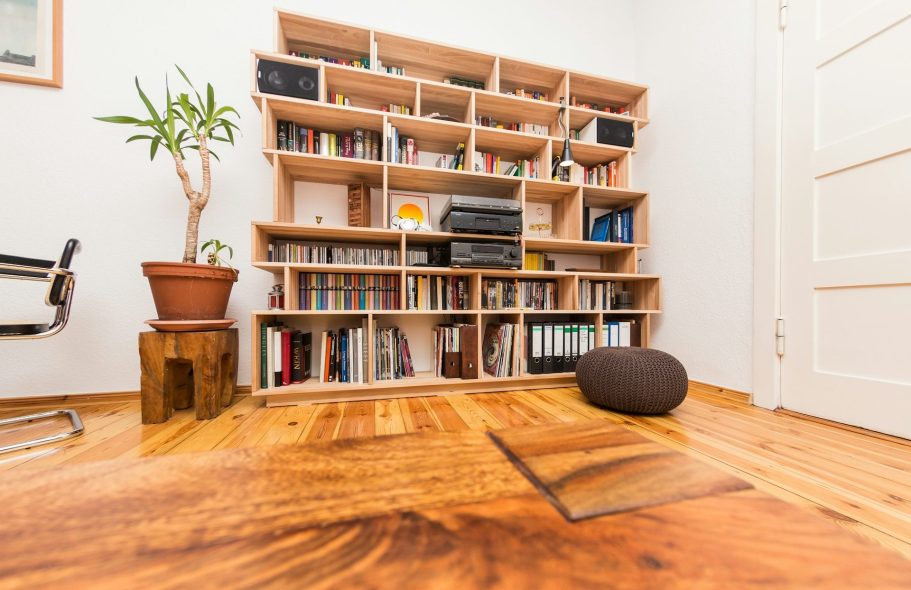 SIRH et paie Bibliothèque en bois avec des livres, plante, pouf et chaise dans une pièce lumineuse.